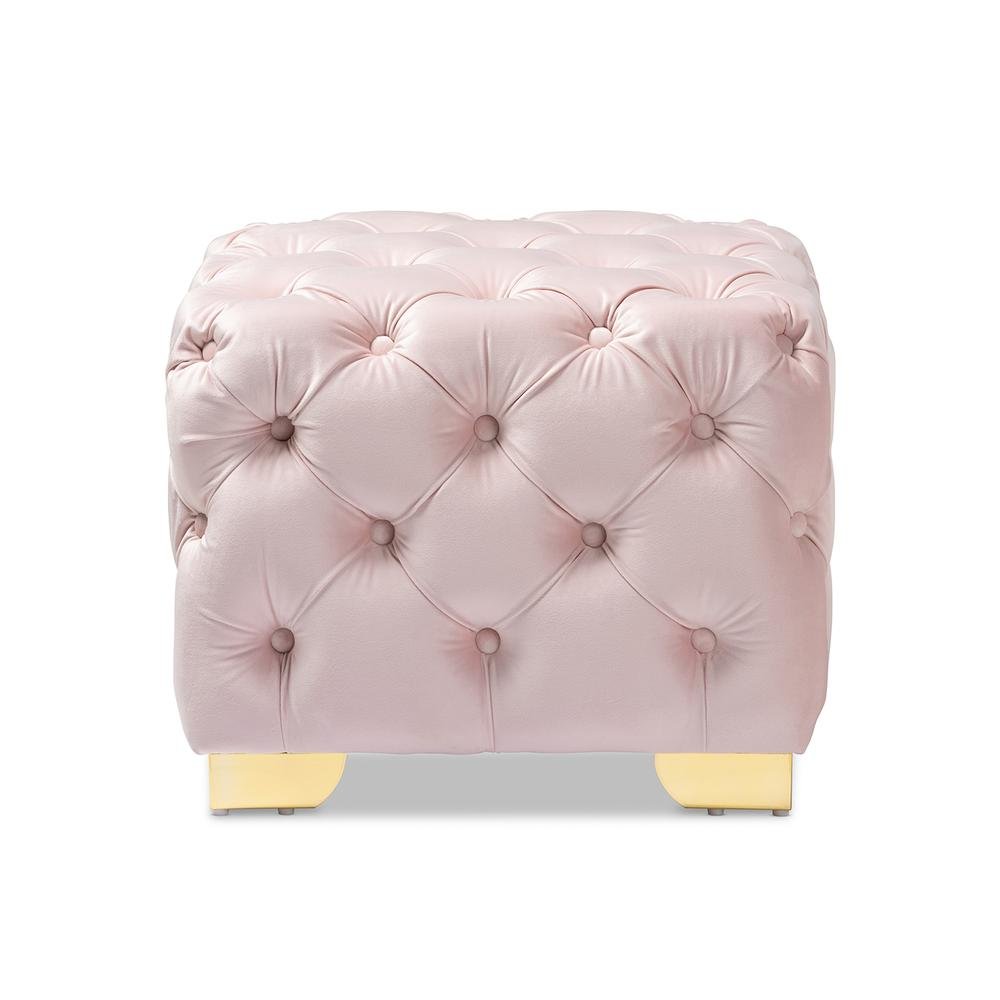 Luxe Light Pink Velvet Fabric Upholstered Gold Finished Button Tufted Ottoman. Picture 9