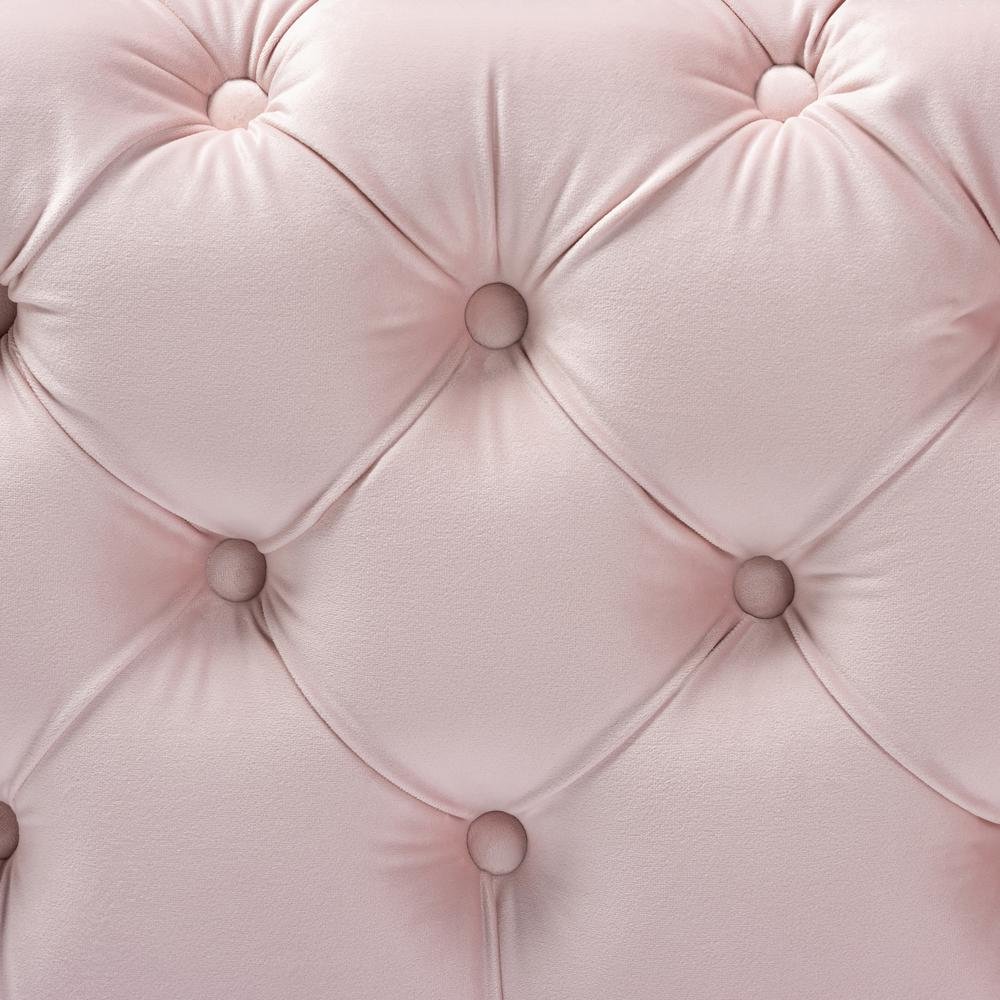 Luxe Light Pink Velvet Fabric Upholstered Gold Finished Button Tufted Ottoman. Picture 10