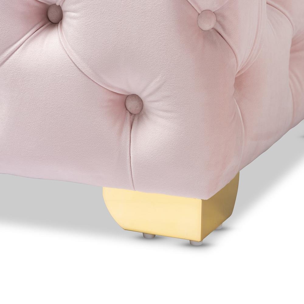 Luxe Light Pink Velvet Fabric Upholstered Gold Finished Button Tufted Ottoman. Picture 11