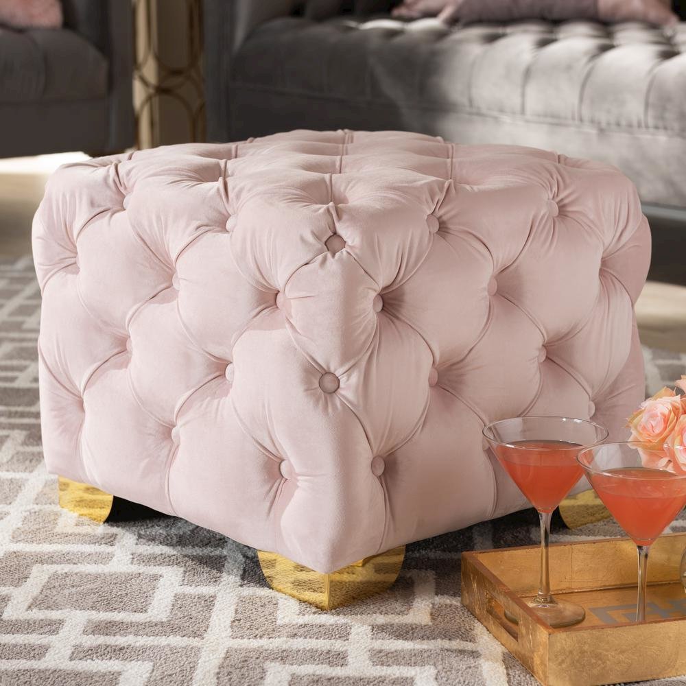 Luxe Light Pink Velvet Fabric Upholstered Gold Finished Button Tufted Ottoman. Picture 12