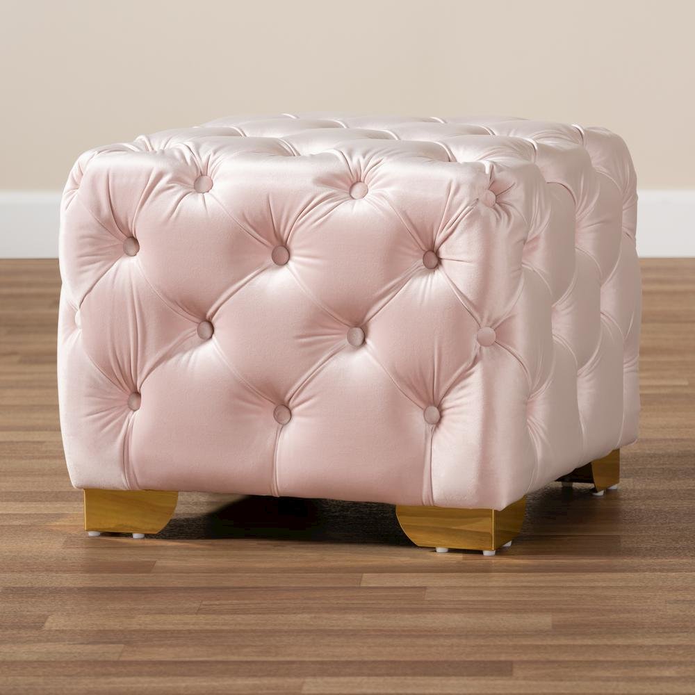 Luxe Light Pink Velvet Fabric Upholstered Gold Finished Button Tufted Ottoman. Picture 13