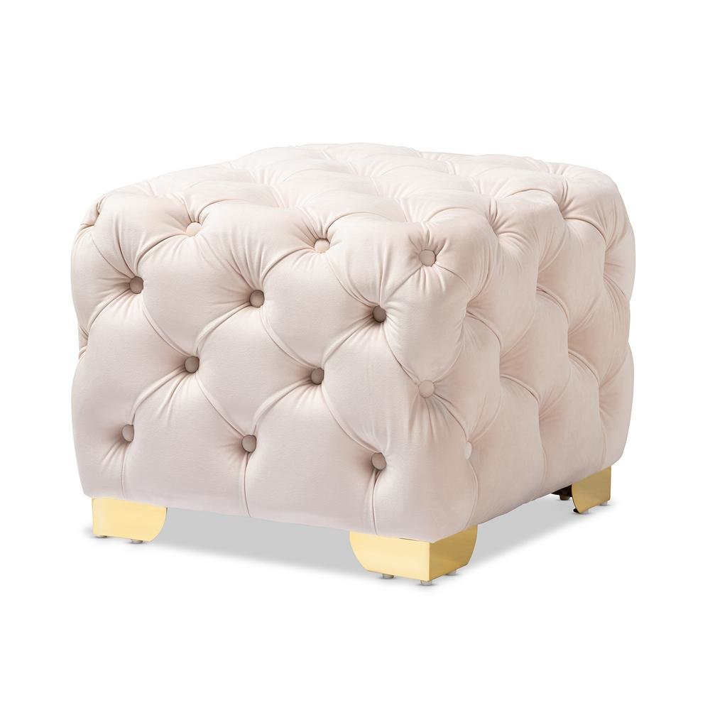Luxe Light Beige Velvet Fabric Upholstered Gold Finished Button Tufted Ottoman. Picture 8