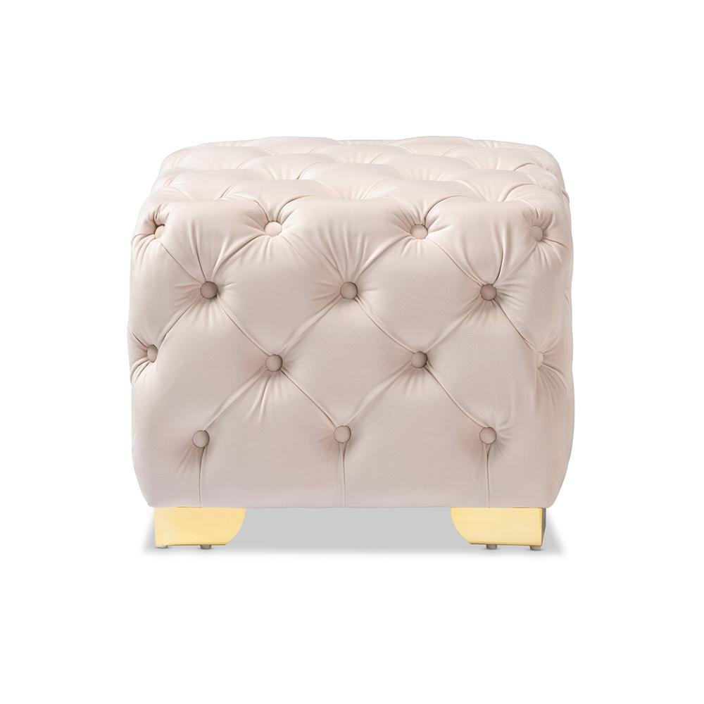 Luxe Light Beige Velvet Fabric Upholstered Gold Finished Button Tufted Ottoman. Picture 9