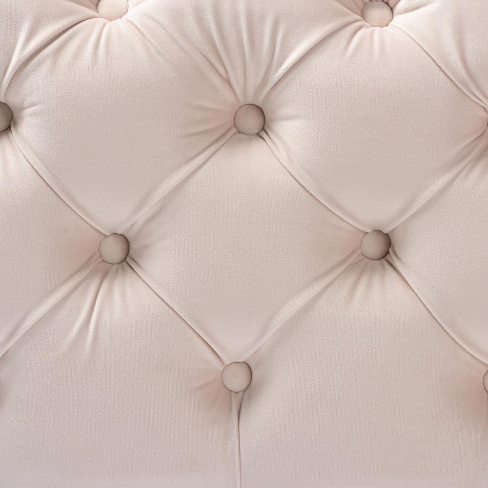 Luxe Light Beige Velvet Fabric Upholstered Gold Finished Button Tufted Ottoman. Picture 10