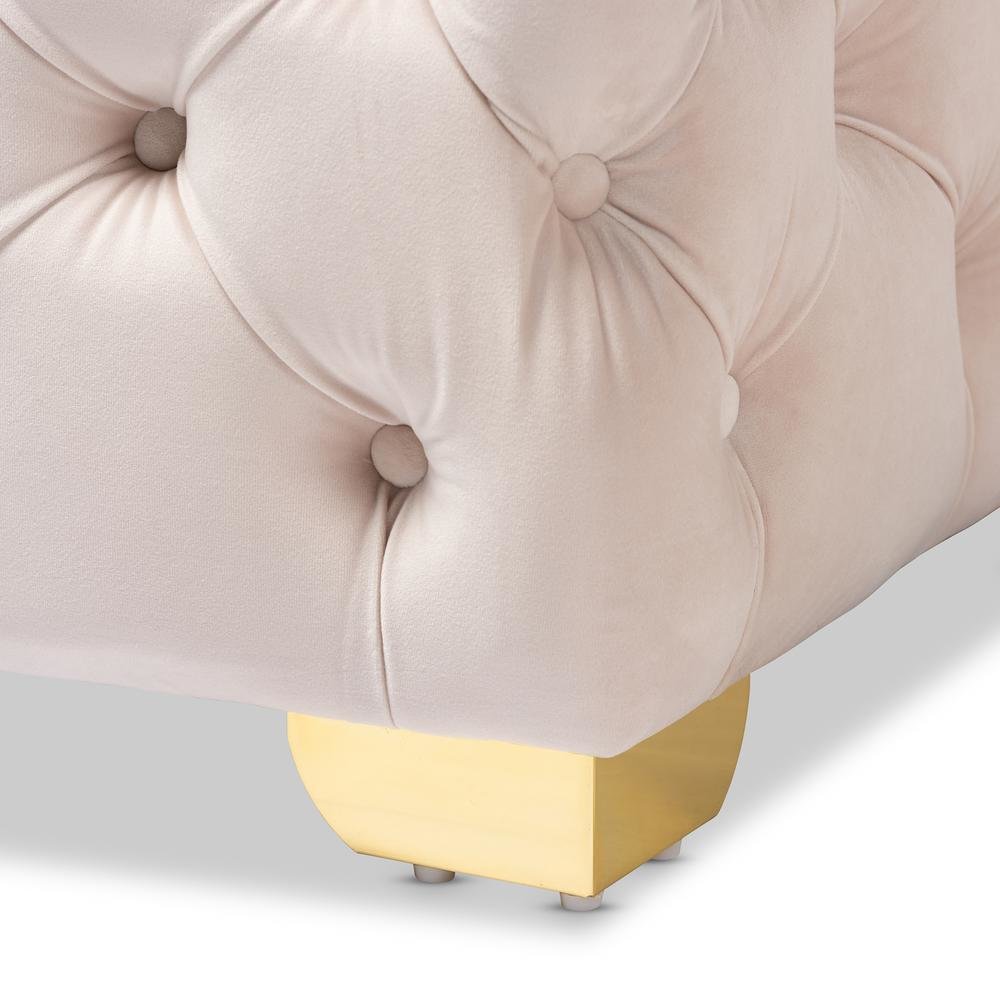 Luxe Light Beige Velvet Fabric Upholstered Gold Finished Button Tufted Ottoman. Picture 11
