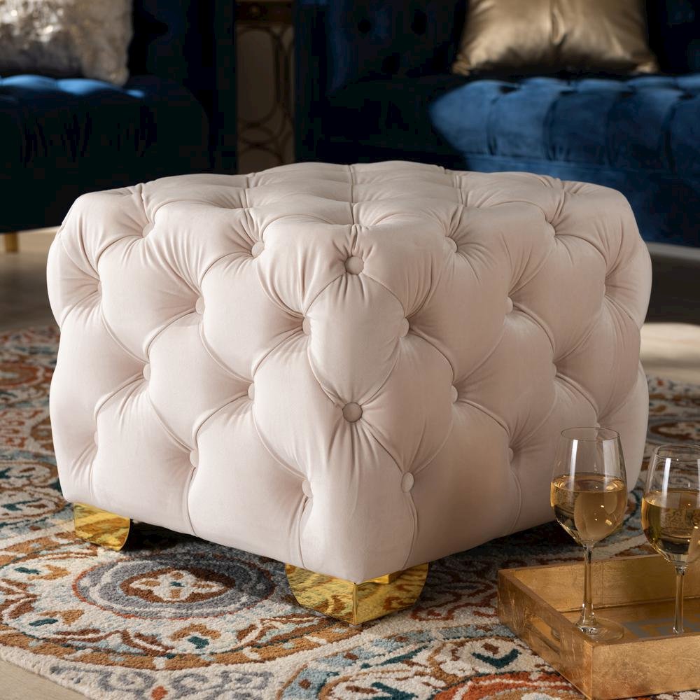 Luxe Light Beige Velvet Fabric Upholstered Gold Finished Button Tufted Ottoman. Picture 12