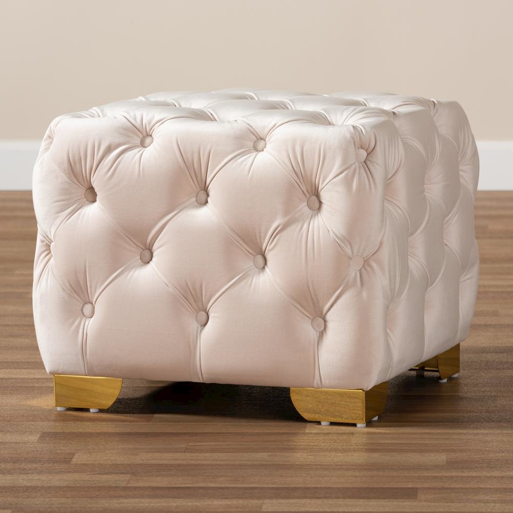 Luxe Light Beige Velvet Fabric Upholstered Gold Finished Button Tufted Ottoman. Picture 13