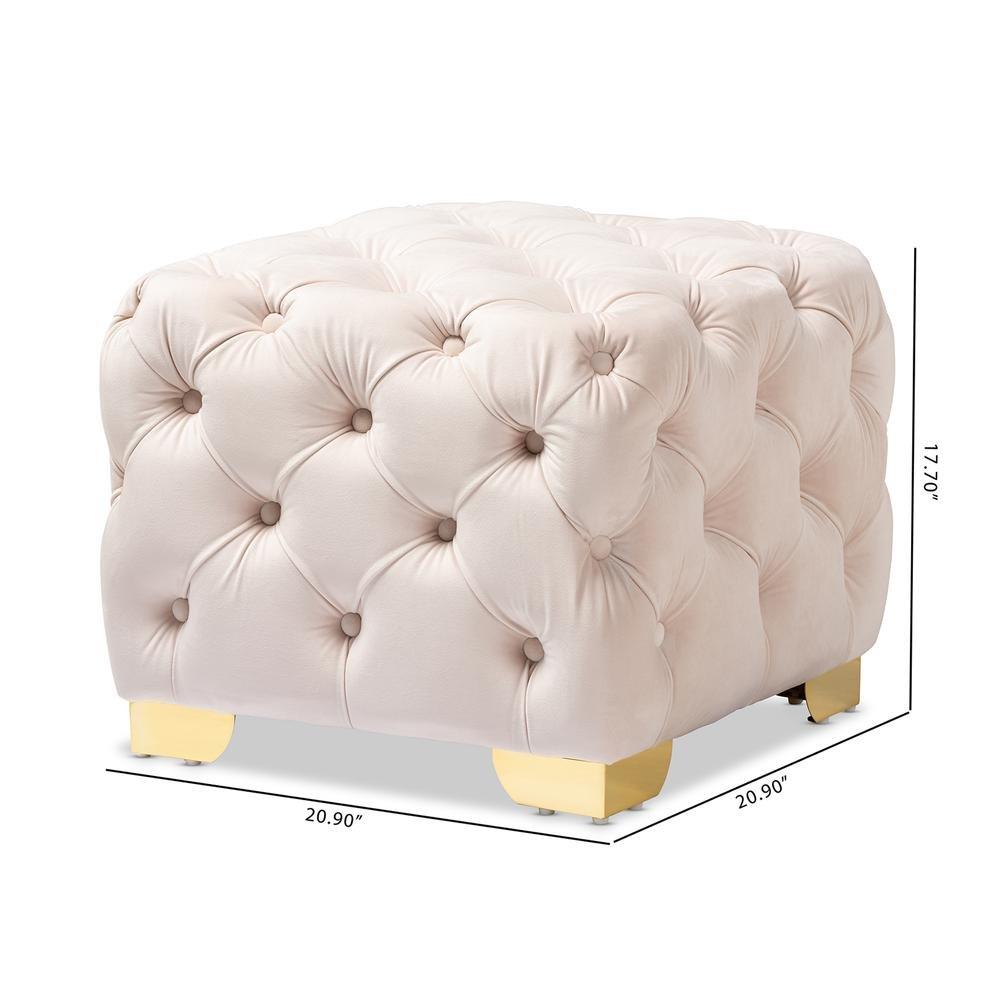 Luxe Light Beige Velvet Fabric Upholstered Gold Finished Button Tufted Ottoman. Picture 14
