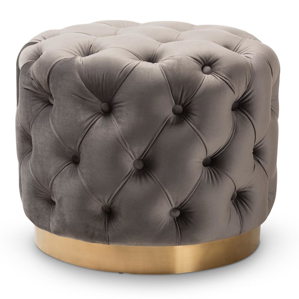 Valeria Glam Gray Velvet Fabric Upholstered Gold-Finished Button Tufted Ottoman. Picture 6