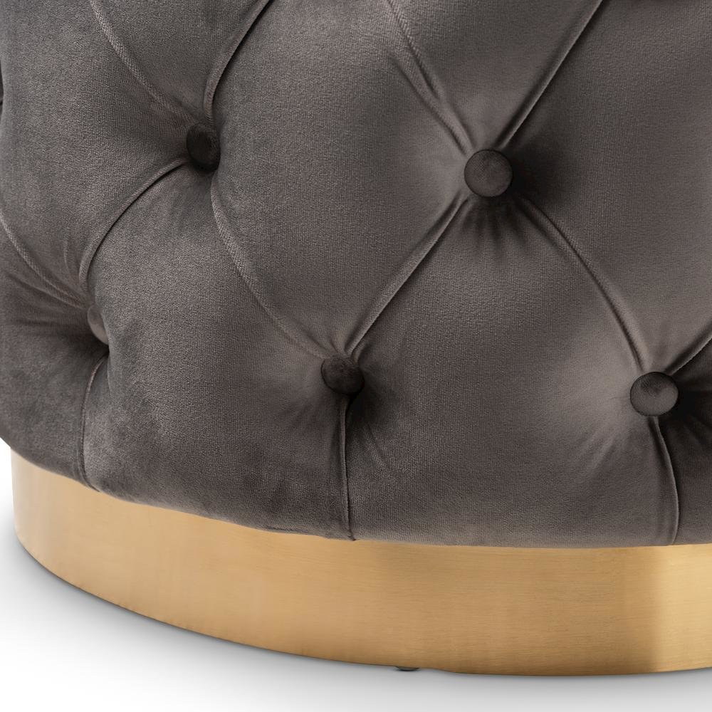 Valeria Glam Gray Velvet Fabric Upholstered Gold-Finished Button Tufted Ottoman. Picture 7