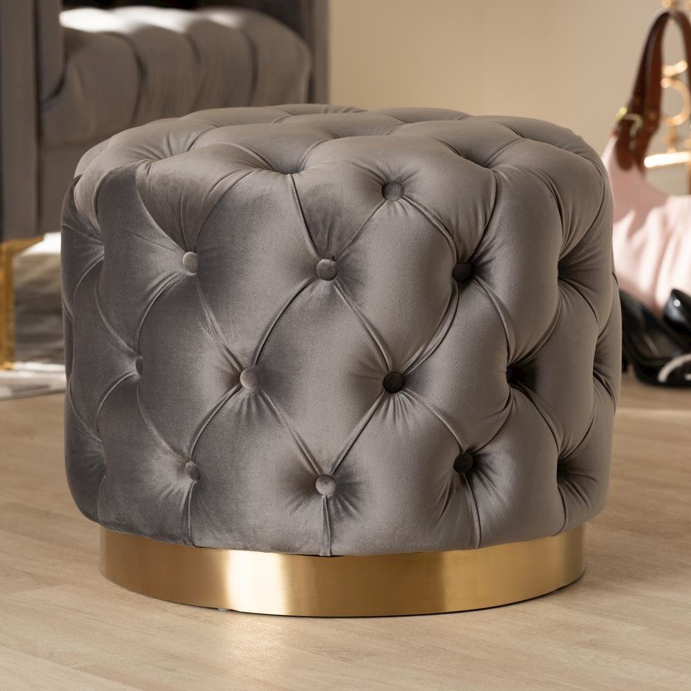 Valeria Glam Gray Velvet Fabric Upholstered Gold-Finished Button Tufted Ottoman. Picture 8