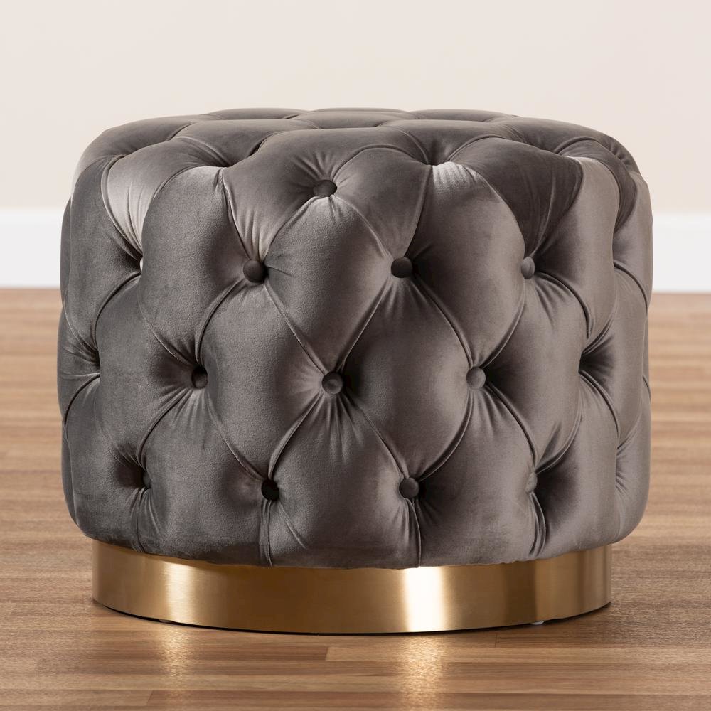 Valeria Glam Gray Velvet Fabric Upholstered Gold-Finished Button Tufted Ottoman. Picture 9