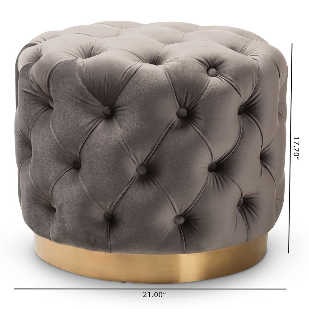 Valeria Glam Gray Velvet Fabric Upholstered Gold-Finished Button Tufted Ottoman. Picture 10