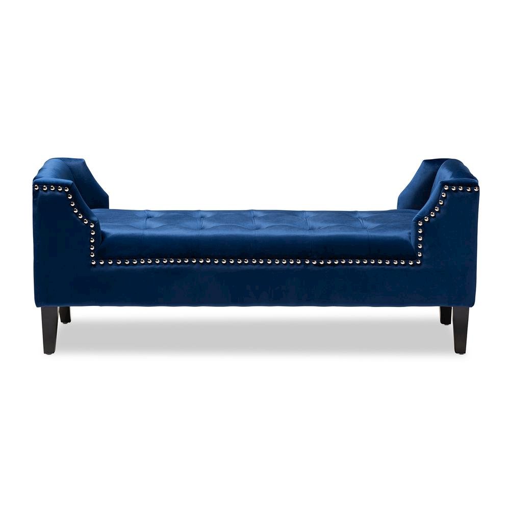 Royal Blue Velvet Fabric Upholstered Espresso Finished Wood Bench. Picture 11