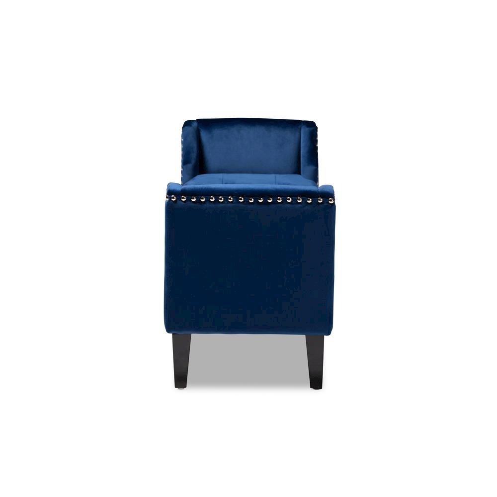 Royal Blue Velvet Fabric Upholstered Espresso Finished Wood Bench. Picture 12