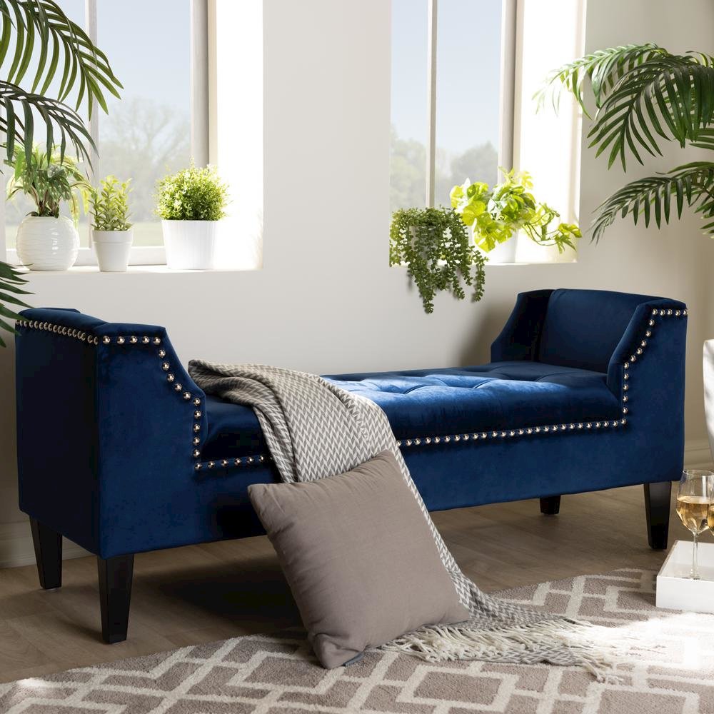 Royal Blue Velvet Fabric Upholstered Espresso Finished Wood Bench. Picture 16