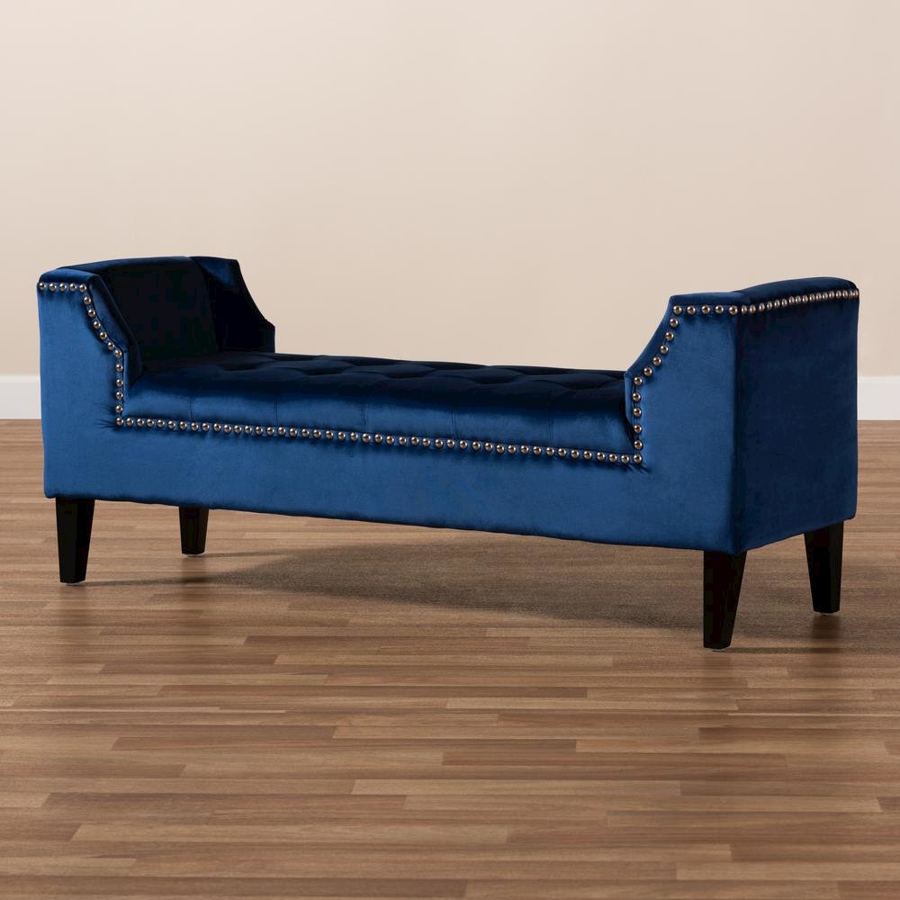 Royal Blue Velvet Fabric Upholstered Espresso Finished Wood Bench. Picture 17