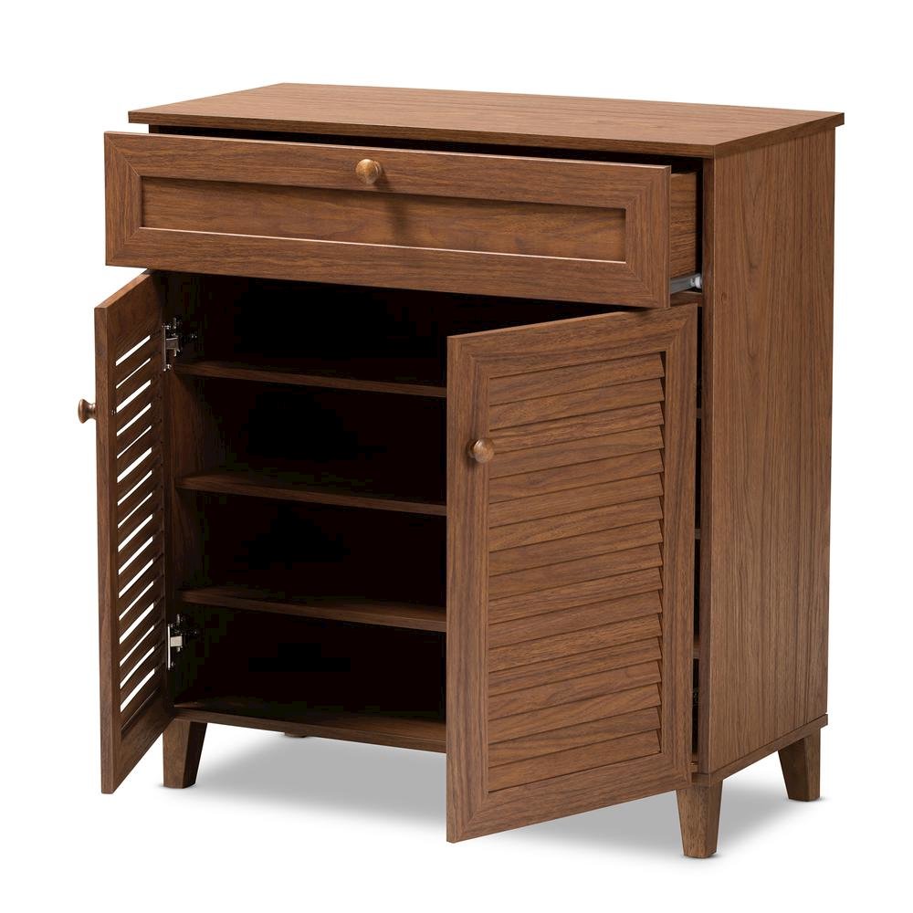 Walnut Finished 4-Shelf Wood Shoe Storage Cabinet with Drawer. Picture 12