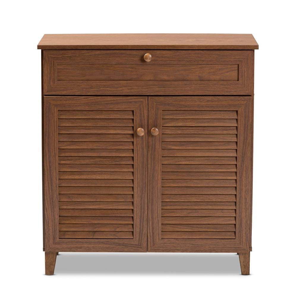 Walnut Finished 4-Shelf Wood Shoe Storage Cabinet with Drawer. Picture 13