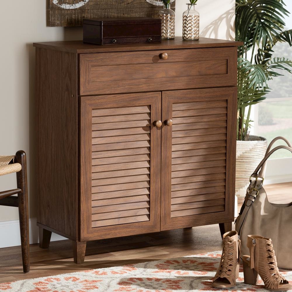 Walnut Finished 4-Shelf Wood Shoe Storage Cabinet with Drawer. Picture 17