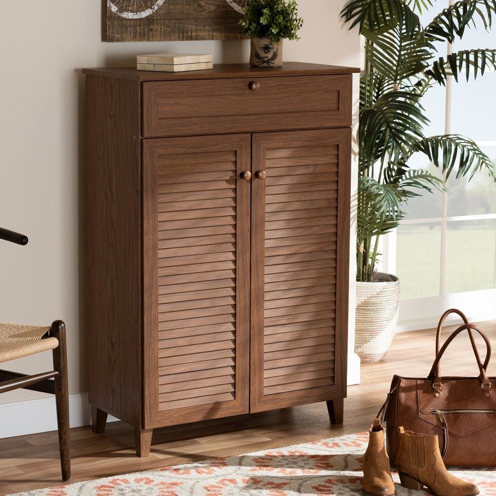 Walnut Finished 5-Shelf Wood Shoe Storage Cabinet with Drawer. Picture 17