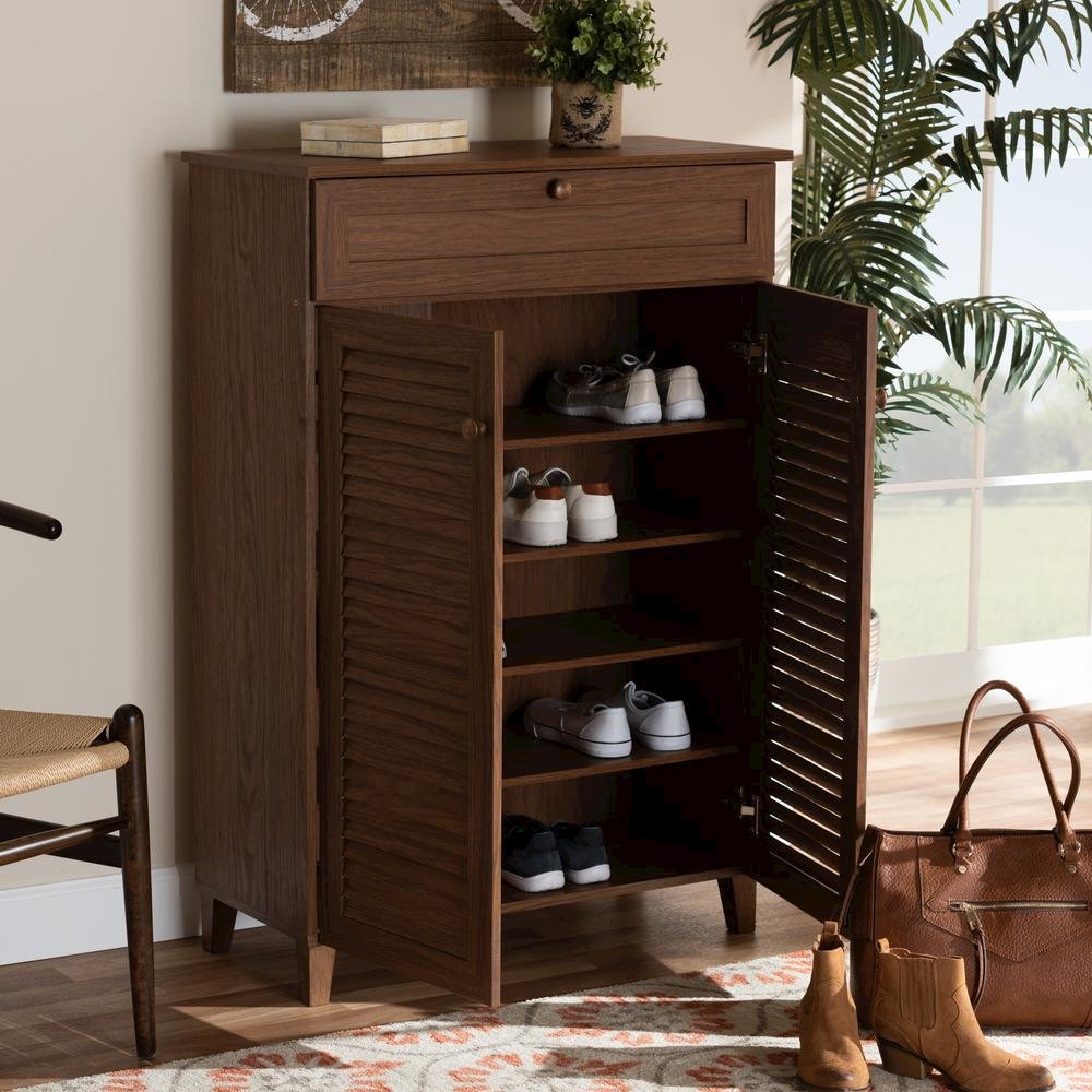 Walnut Finished 5-Shelf Wood Shoe Storage Cabinet with Drawer. Picture 11