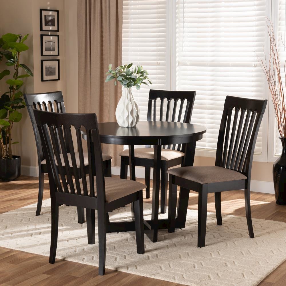 Sand Fabric Upholstered and Dark Brown Finished Wood 5-Piece Dining Set. Picture 16