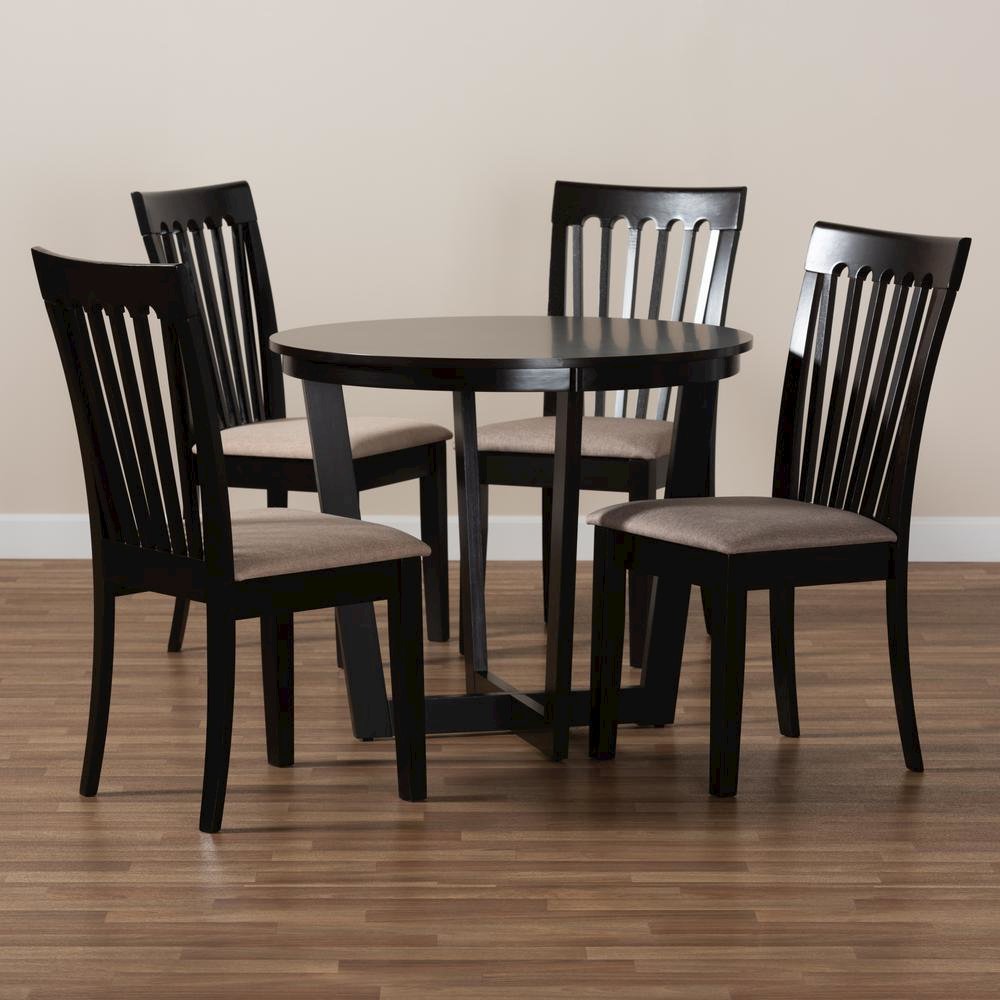 Sand Fabric Upholstered and Dark Brown Finished Wood 5-Piece Dining Set. Picture 17