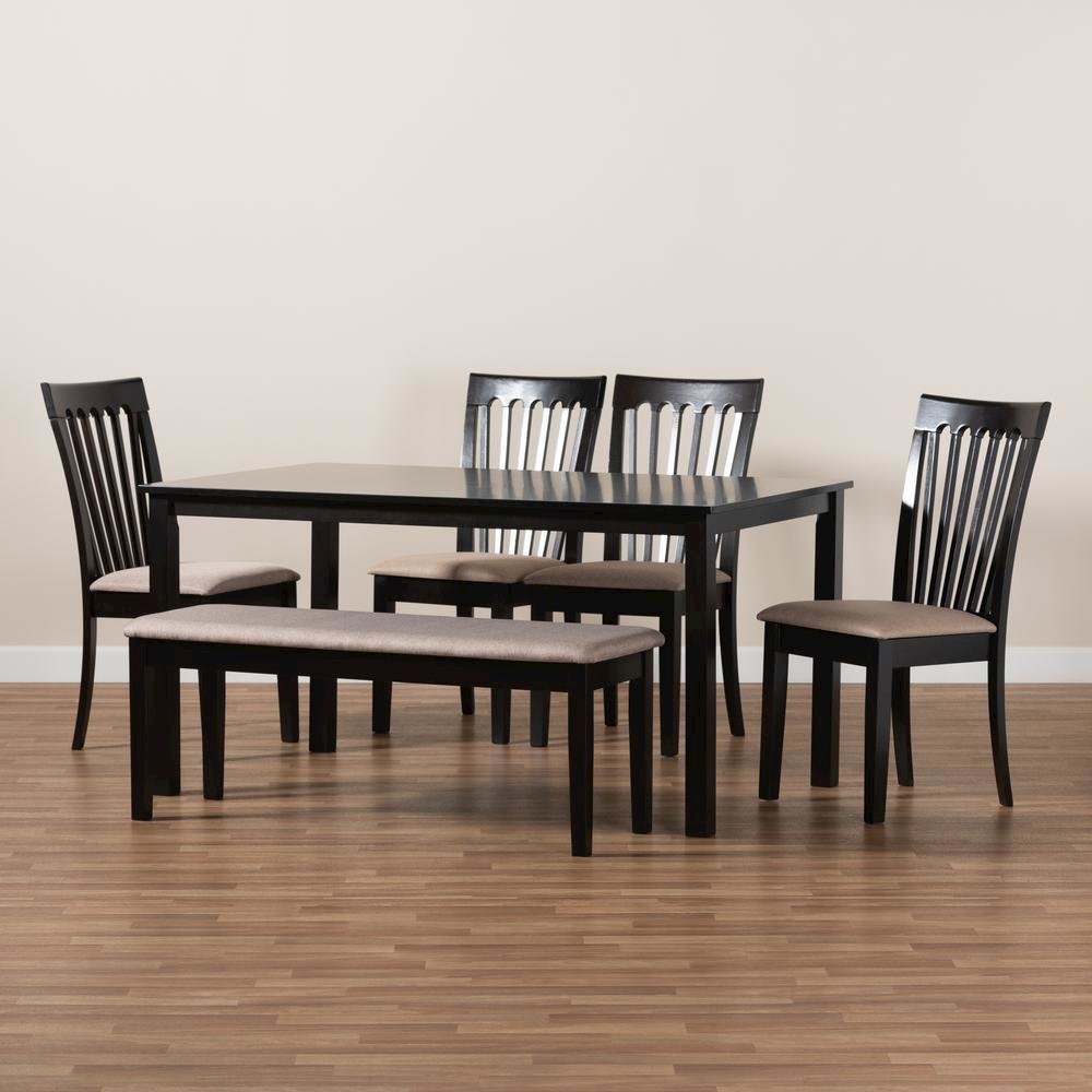 Sand Fabric Upholstered and Dark Brown Finished Wood 6-Piece Dining Set. Picture 19