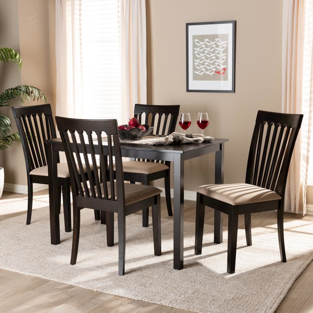 Sand Fabric Upholstered Espresso Brown Finished Wood 5-Piece Dining Set. Picture 8