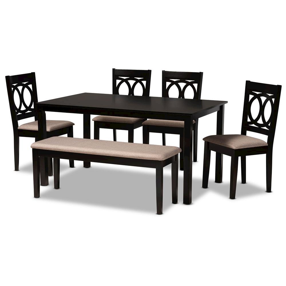 Sand Fabric Upholstered and Dark Brown Finished Wood 6-Piece Dining Set. Picture 10