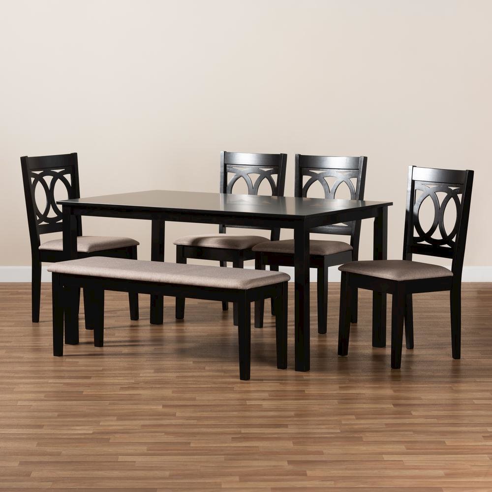 Sand Fabric Upholstered and Dark Brown Finished Wood 6-Piece Dining Set. Picture 17