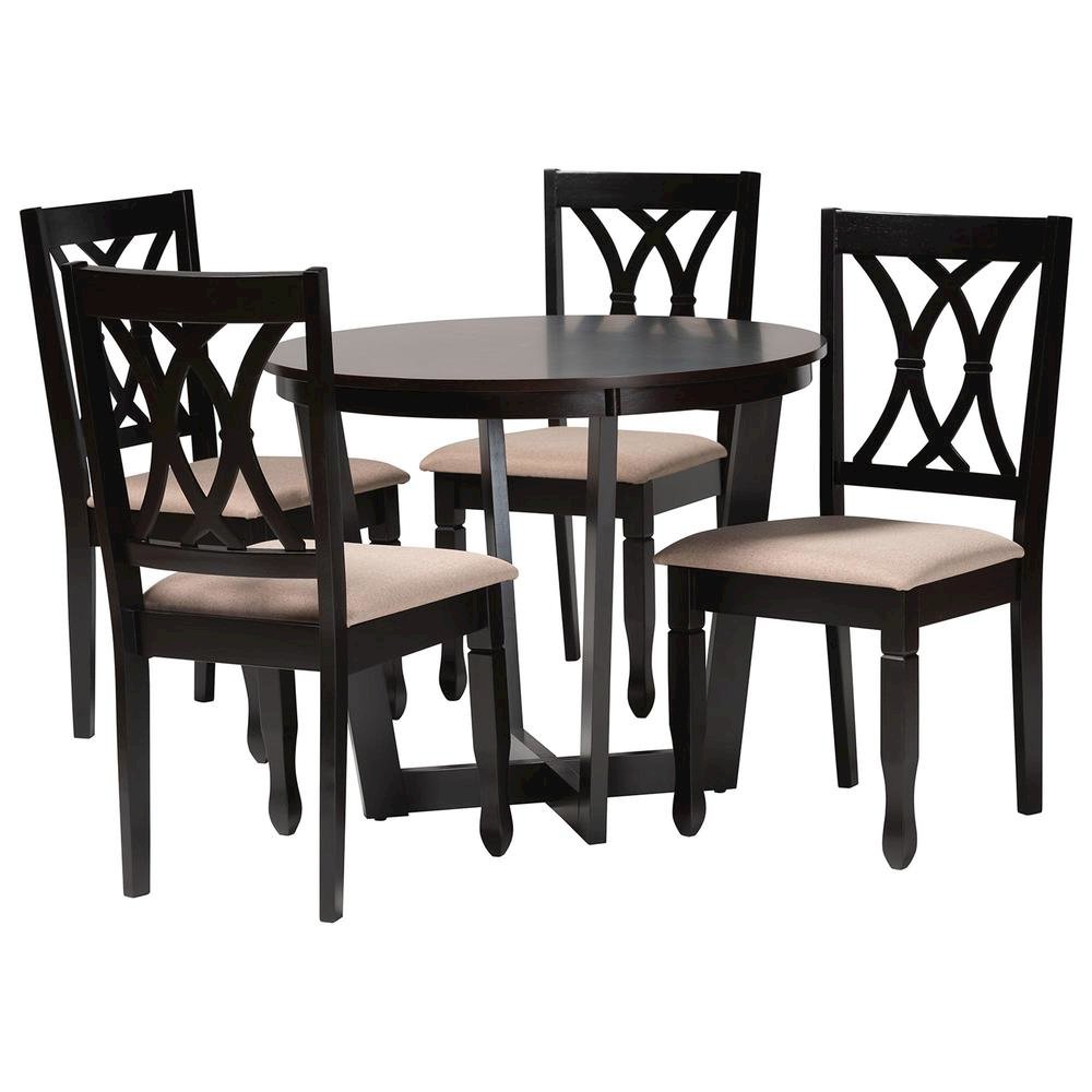 Aggie Modern Sand Fabric and Dark Brown Finished Wood 5-Piece Dining Set. Picture 11