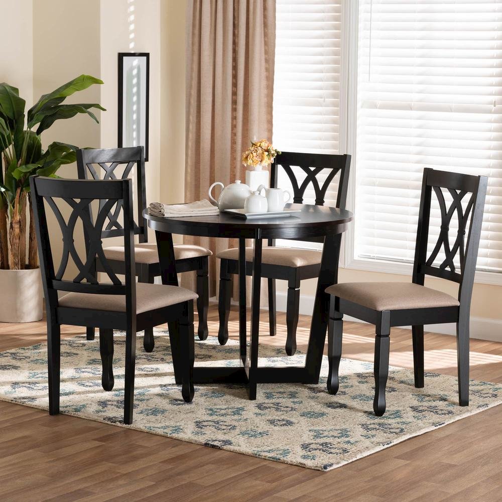 Aggie Modern Sand Fabric and Dark Brown Finished Wood 5-Piece Dining Set. Picture 18