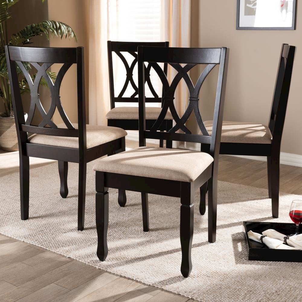 Sand Fabric Upholstered Espresso Brown Finished Wood Dining Chair Set of 4. Picture 12