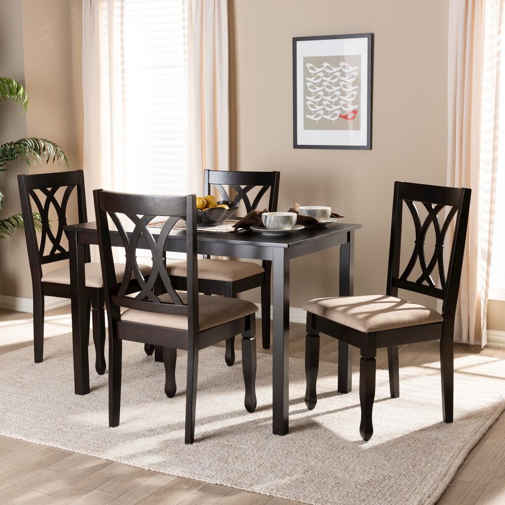 Sand Fabric Upholstered Espresso Brown Finished Wood 5-Piece Dining Set. Picture 8