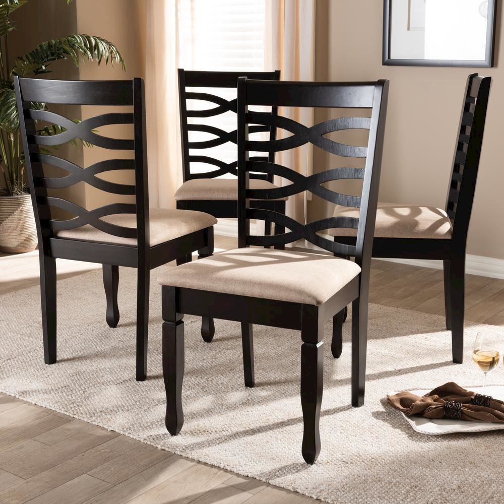 Sand Fabric Upholstered Espresso Brown Finished Wood Dining Chair Set of 4. Picture 12
