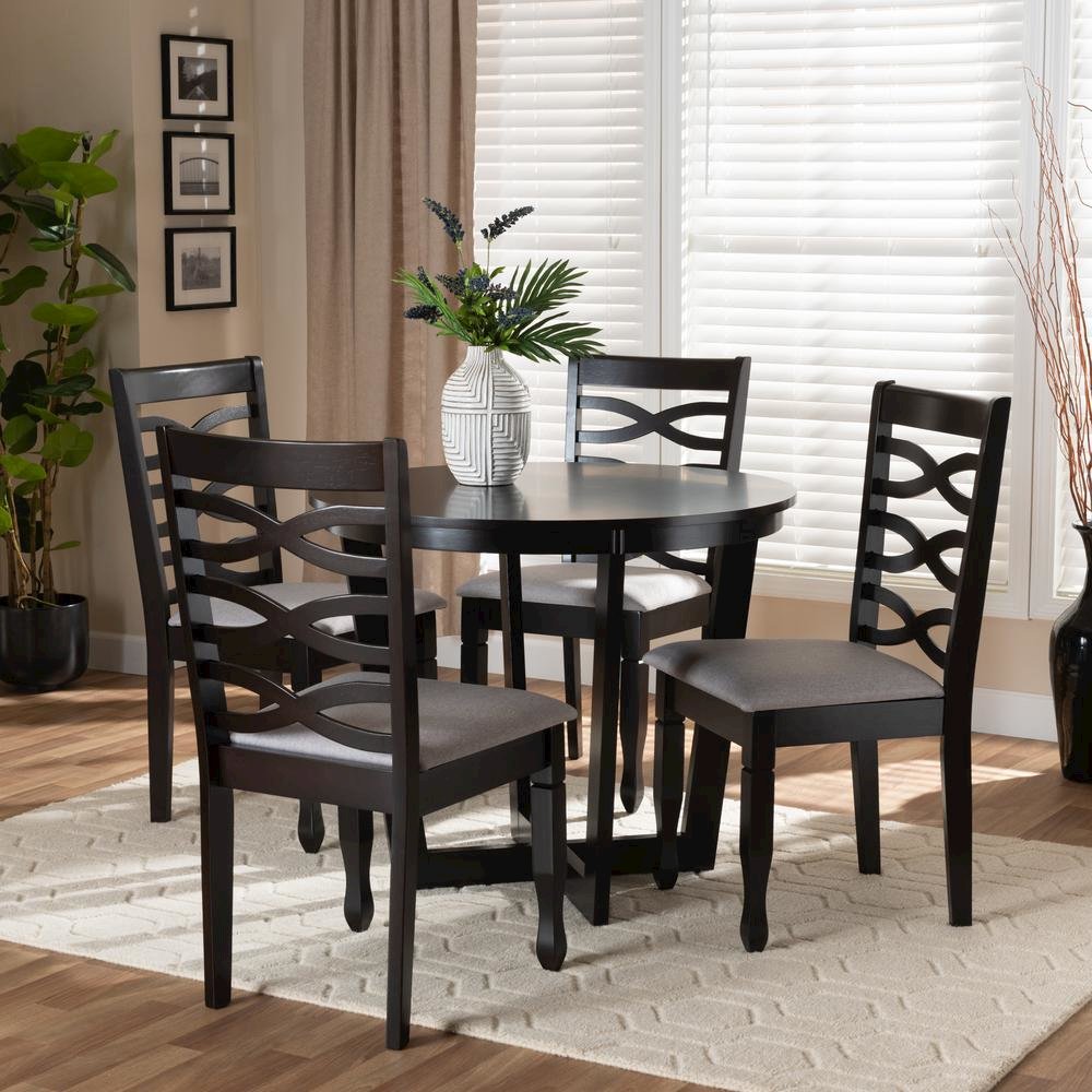 Grey Fabric Upholstered and Dark Brown Finished Wood 5-Piece Dining Set. Picture 16