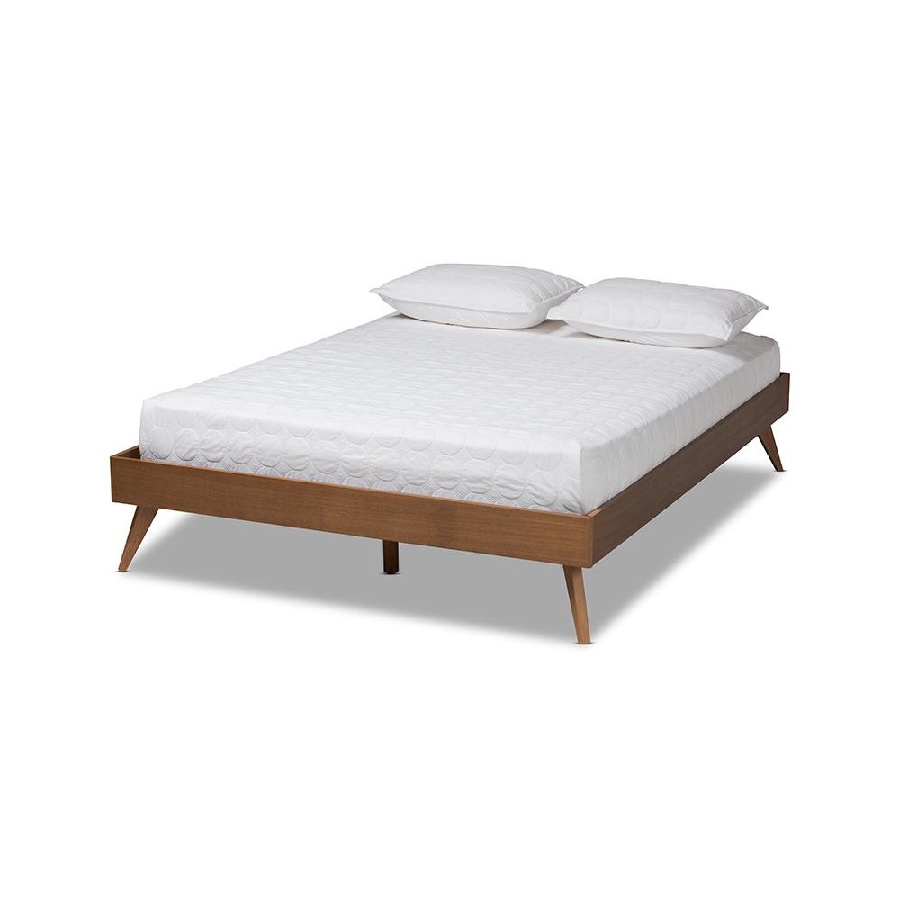 Mid-Century Modern Walnut Brown Finished Wood Queen Size Platform Bed Frame. Picture 1