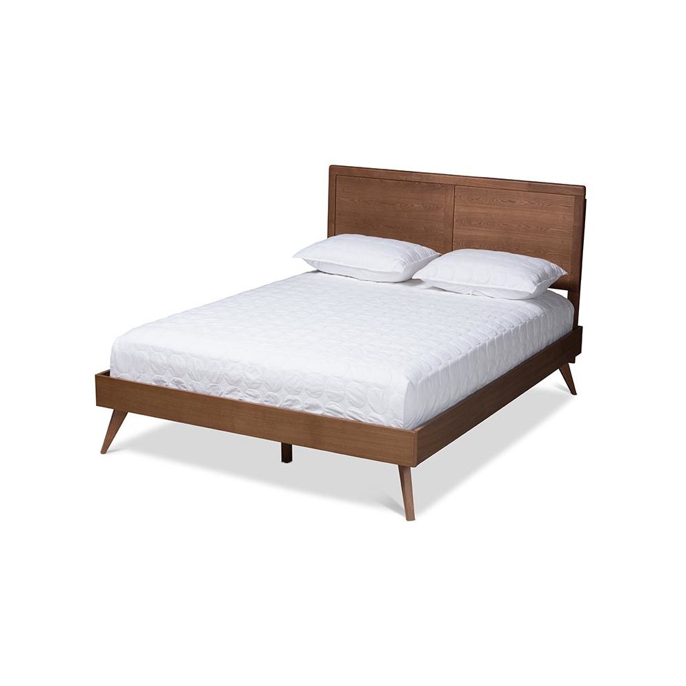 Zenon Mid-Century Modern Walnut Brown Finished Wood Queen Size Platform Bed. Picture 1