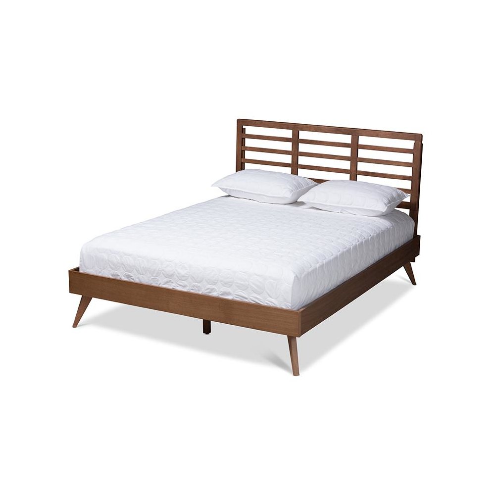 Calisto Mid-Century Modern Walnut Brown Finished Wood Queen Size Platform Bed. Picture 1