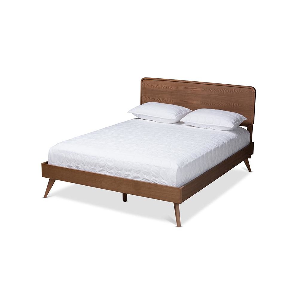 Demeter Mid-Century Modern Walnut Brown Finished Wood Queen Size Platform Bed. Picture 1