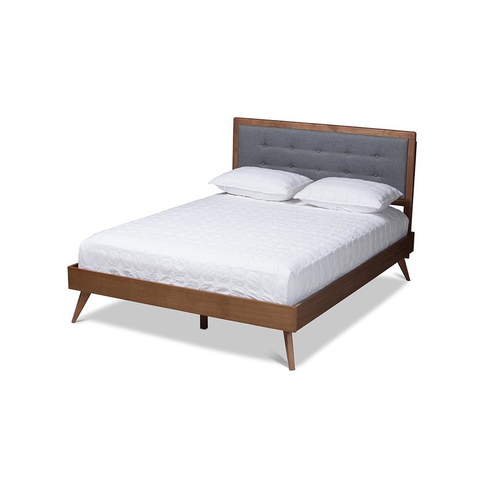Dark Grey Fabric Upholstered Walnut Brown Finished Wood Queen Size Platform Bed. Picture 1