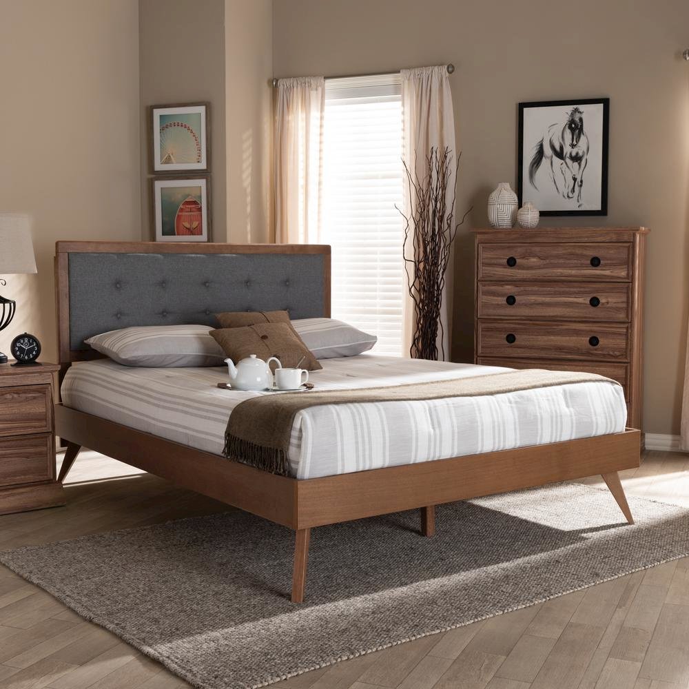Dark Grey Fabric Upholstered Walnut Brown Finished Wood Full Size Platform Bed. Picture 11