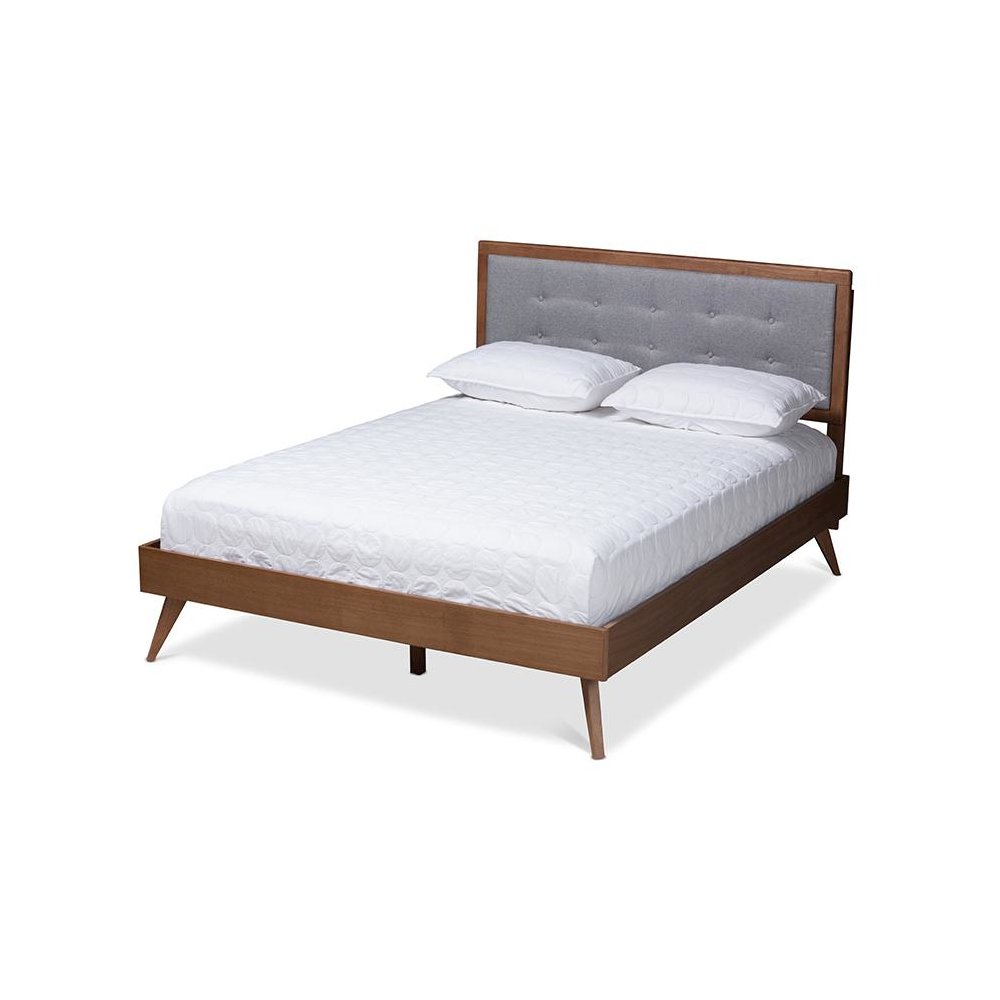 Light Grey Fabric Upholstered Walnut Brown Finished Wood Queen Size Platform Bed. Picture 1