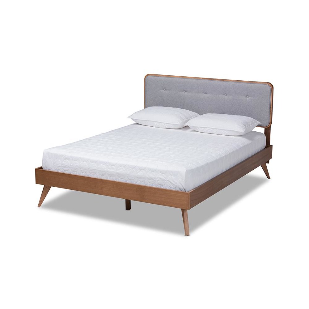 Light Grey Fabric Upholstered Walnut Brown Finished Wood Queen Size Platform Bed. Picture 1