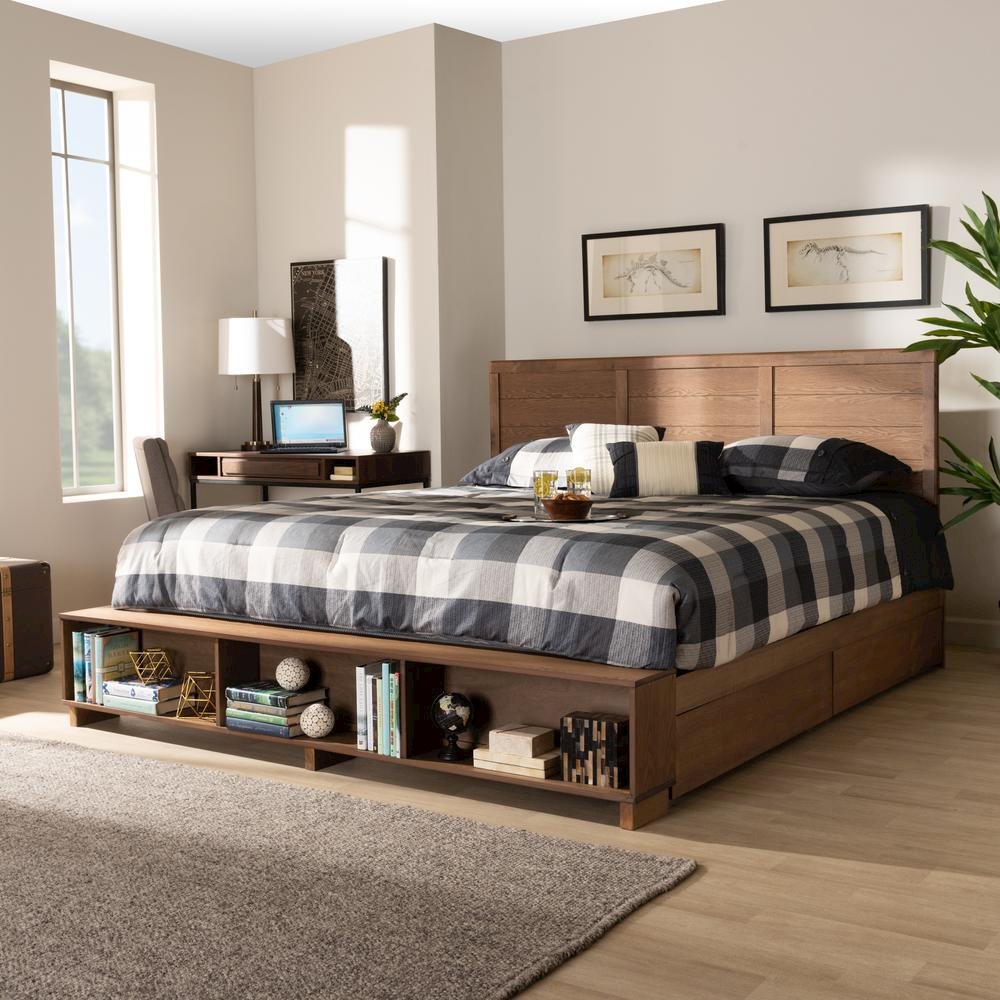 Wood King Size 4-Drawer Platform Storage Bed with Built-In Shelves. Picture 21