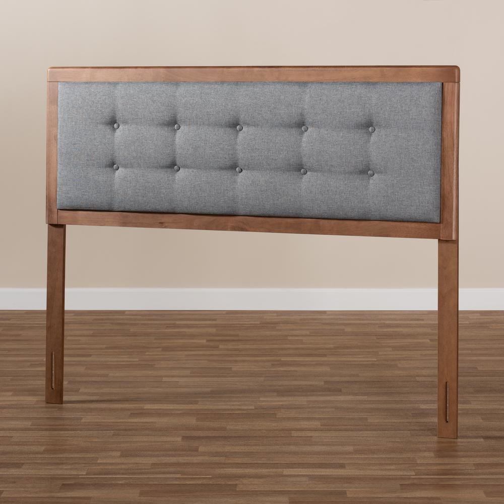 Dark Grey Fabric Upholstered Walnut Brown Finished Wood Full Size Headboard. Picture 13