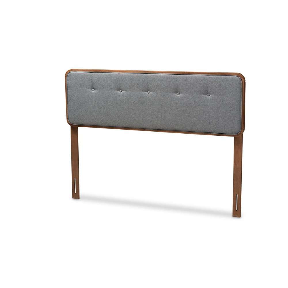 Dark Grey Fabric Upholstered Walnut Brown Finished Wood Queen Size Headboard. Picture 1