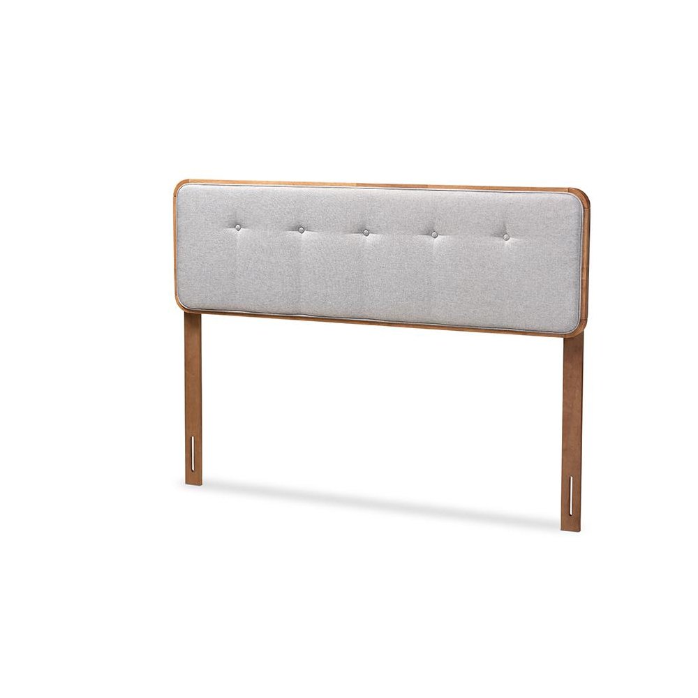 Light Grey Fabric Upholstered Walnut Brown Finished Wood Queen Size Headboard. Picture 1